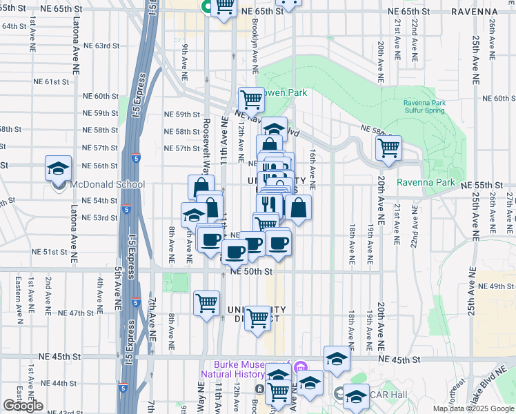 map of restaurants, bars, coffee shops, grocery stores, and more near 5219 Brooklyn Avenue Northeast in Seattle