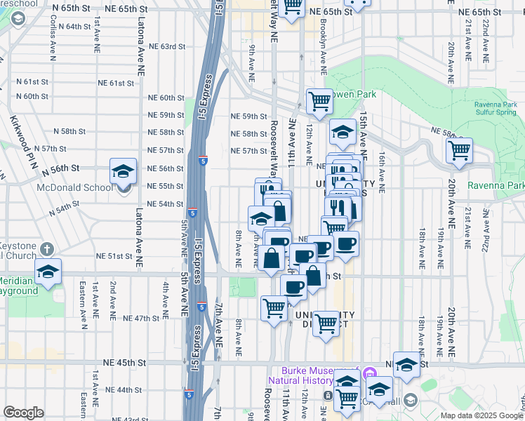 map of restaurants, bars, coffee shops, grocery stores, and more near 5220 Roosevelt Way Northeast in Seattle
