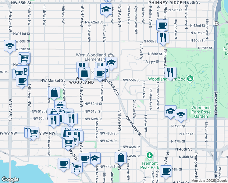map of restaurants, bars, coffee shops, grocery stores, and more near 5211 3rd Avenue Northwest in Seattle