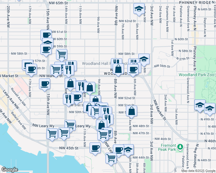 map of restaurants, bars, coffee shops, grocery stores, and more near 811 Northwest 53rd Street in Seattle