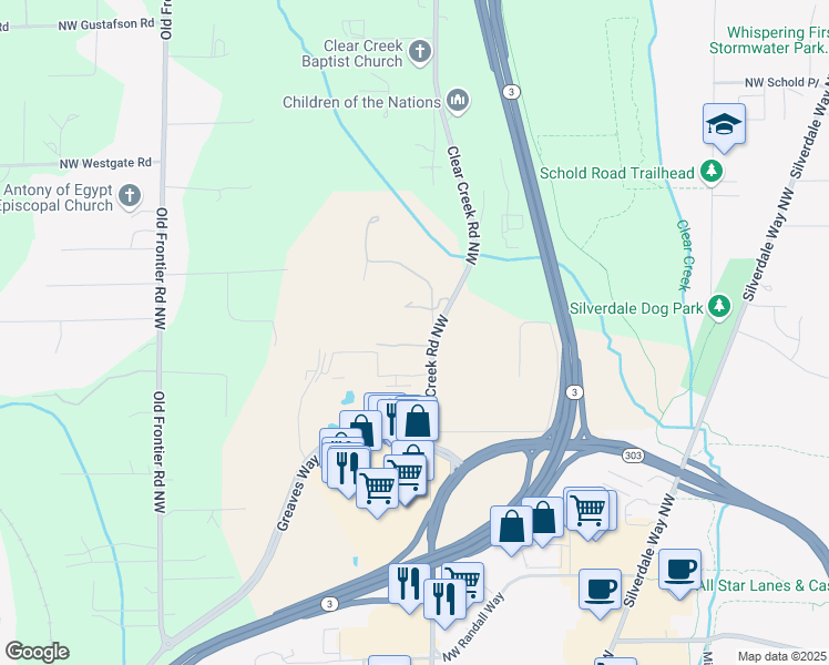 map of restaurants, bars, coffee shops, grocery stores, and more near 11493 Clear Creek Road Northwest in Silverdale