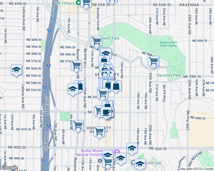 map of restaurants, bars, coffee shops, grocery stores, and more near 5240 University Way Northeast in Seattle