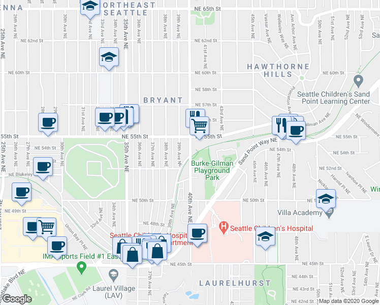map of restaurants, bars, coffee shops, grocery stores, and more near 5223 40th Avenue Northeast in Seattle