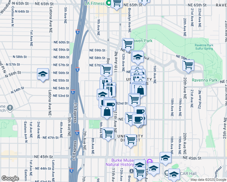 map of restaurants, bars, coffee shops, grocery stores, and more near 5241 11th Avenue Northeast in Seattle