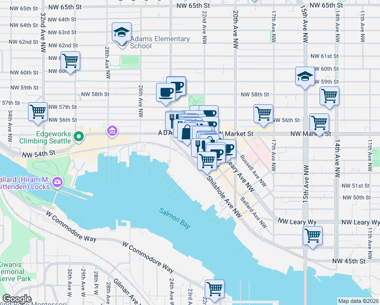 map of restaurants, bars, coffee shops, grocery stores, and more near 5422 Shilshole Avenue Northwest in Seattle