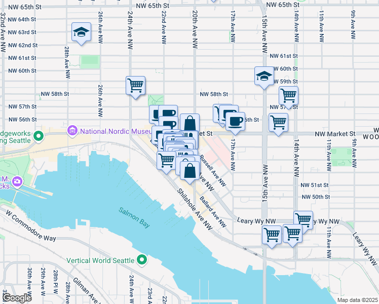 map of restaurants, bars, coffee shops, grocery stores, and more near 5216 20th Avenue Northwest in Seattle