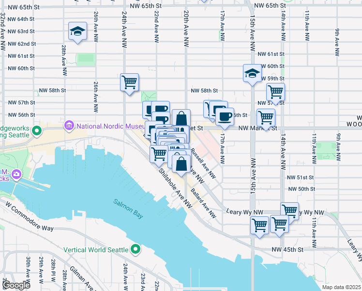 map of restaurants, bars, coffee shops, grocery stores, and more near 5440 Leary Avenue Northwest in Seattle