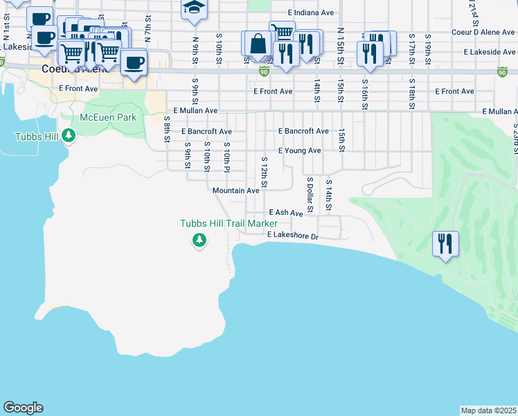 map of restaurants, bars, coffee shops, grocery stores, and more near 1103 East Lakeshore Drive in Coeur d'Alene