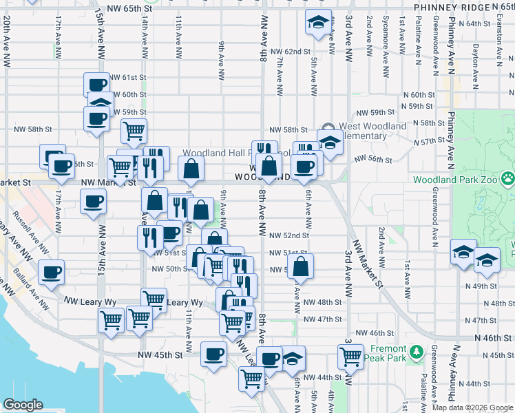 map of restaurants, bars, coffee shops, grocery stores, and more near 801 Northwest 54th Street in Seattle