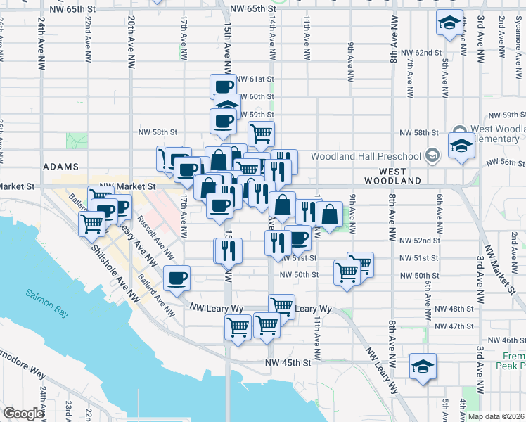 map of restaurants, bars, coffee shops, grocery stores, and more near 1400 Northwest 52nd Street in Seattle