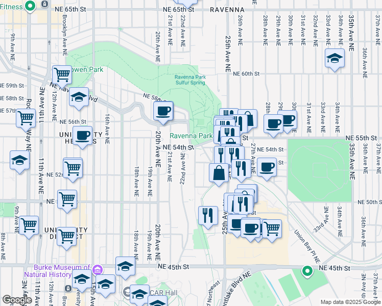 map of restaurants, bars, coffee shops, grocery stores, and more near 2211 Northeast 54th Street in Seattle