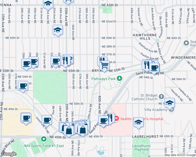 map of restaurants, bars, coffee shops, grocery stores, and more near 5231 40th Avenue Northeast in Seattle