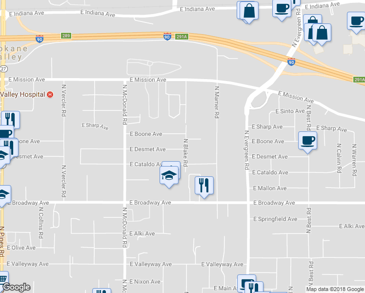 map of restaurants, bars, coffee shops, grocery stores, and more near 13419 East Desmet Avenue in Spokane Valley