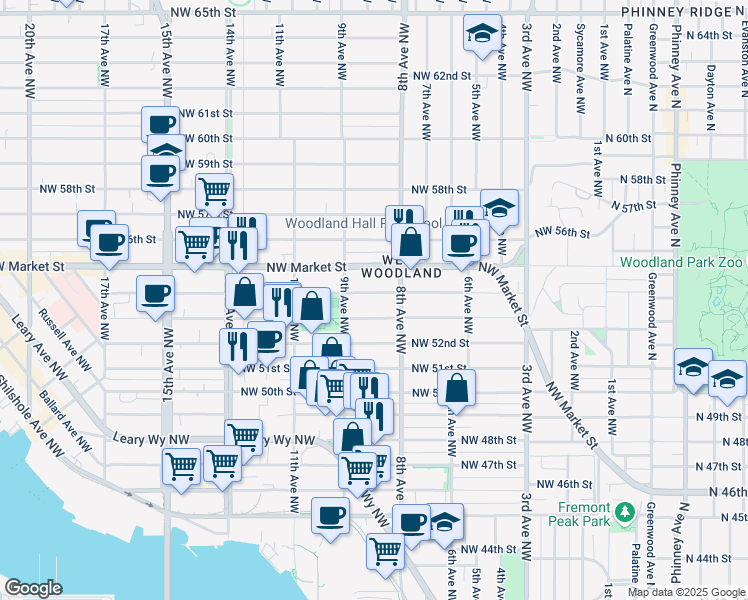 map of restaurants, bars, coffee shops, grocery stores, and more near 811 Northwest 53rd Street in Seattle
