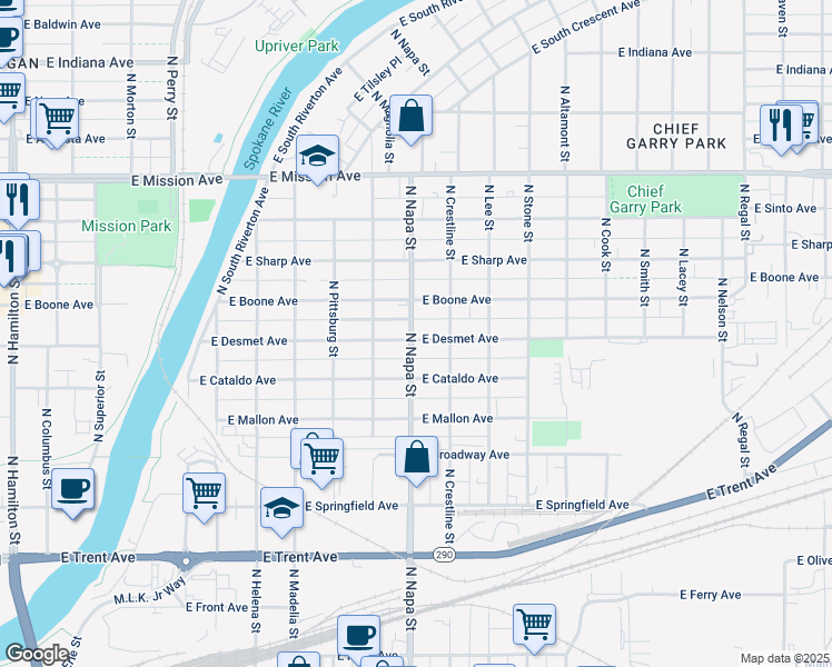 map of restaurants, bars, coffee shops, grocery stores, and more near 1014 North Napa Street in Spokane