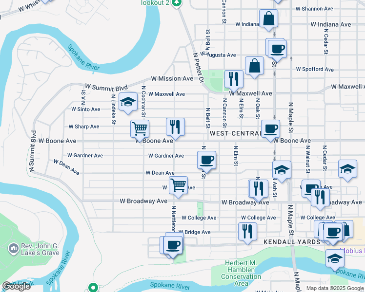 map of restaurants, bars, coffee shops, grocery stores, and more near 2225 West Gardner Avenue in Spokane
