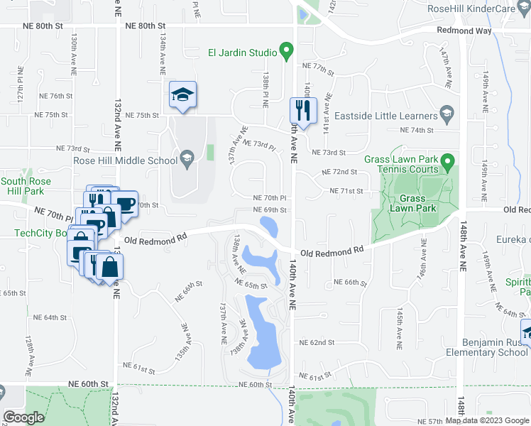 map of restaurants, bars, coffee shops, grocery stores, and more near 13801 Old Redmond Road in Redmond