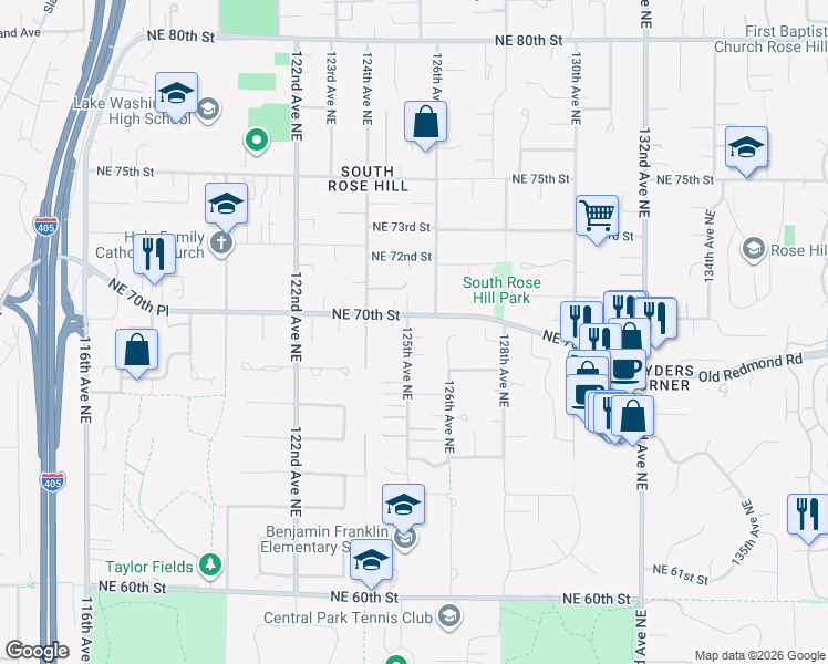 map of restaurants, bars, coffee shops, grocery stores, and more near 6901 125th Avenue Northeast in Kirkland
