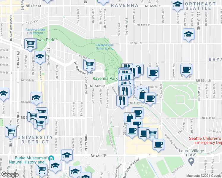 map of restaurants, bars, coffee shops, grocery stores, and more near 2269 Northeast 53rd Street in Seattle