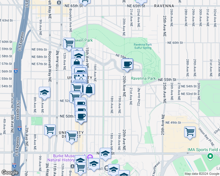 map of restaurants, bars, coffee shops, grocery stores, and more near 5221 18th Avenue Northeast in Seattle