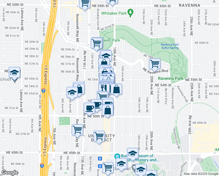 map of restaurants, bars, coffee shops, grocery stores, and more near in Seattle