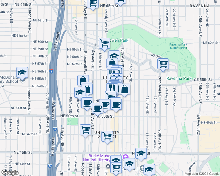map of restaurants, bars, coffee shops, grocery stores, and more near 5219 Brooklyn Avenue Northeast in Seattle