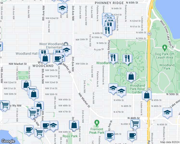 map of restaurants, bars, coffee shops, grocery stores, and more near 5202 2nd Avenue Northwest in Seattle