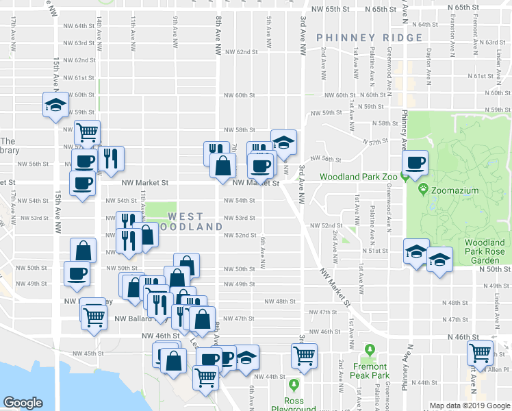 map of restaurants, bars, coffee shops, grocery stores, and more near 611 Northwest 53rd Street in Seattle