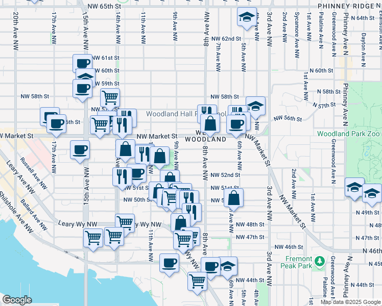 map of restaurants, bars, coffee shops, grocery stores, and more near 811 Northwest 53rd Street in Seattle