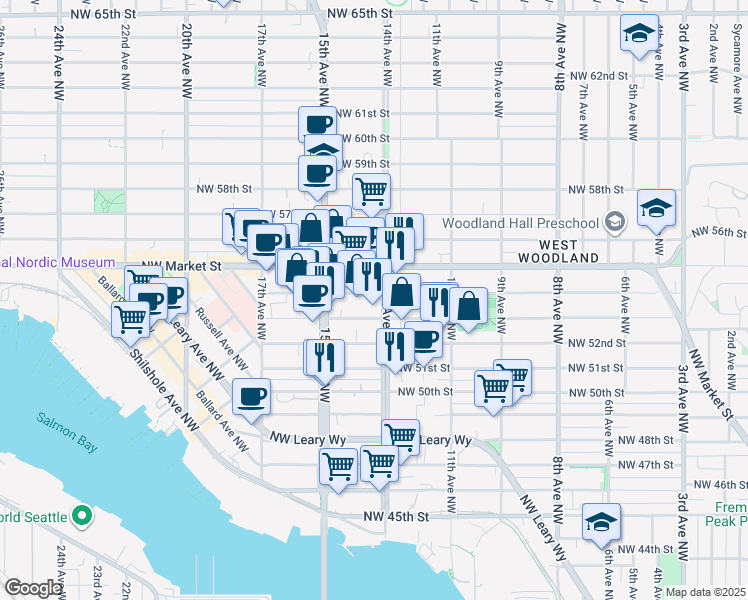 map of restaurants, bars, coffee shops, grocery stores, and more near 1400 Northwest 52nd Street in Seattle