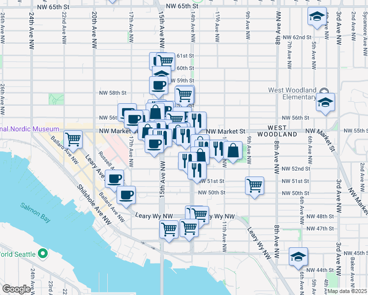 map of restaurants, bars, coffee shops, grocery stores, and more near 1400 Northwest 52nd Street in Seattle