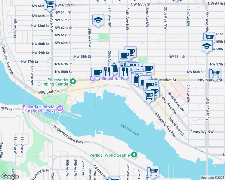 map of restaurants, bars, coffee shops, grocery stores, and more near 5300 26th Ave NW in Seattle