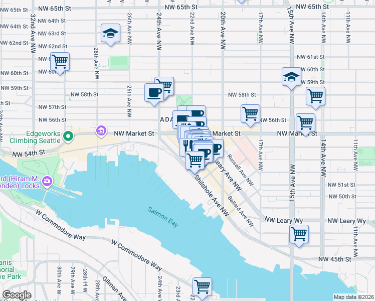map of restaurants, bars, coffee shops, grocery stores, and more near 5309 22nd Avenue Northwest in Seattle