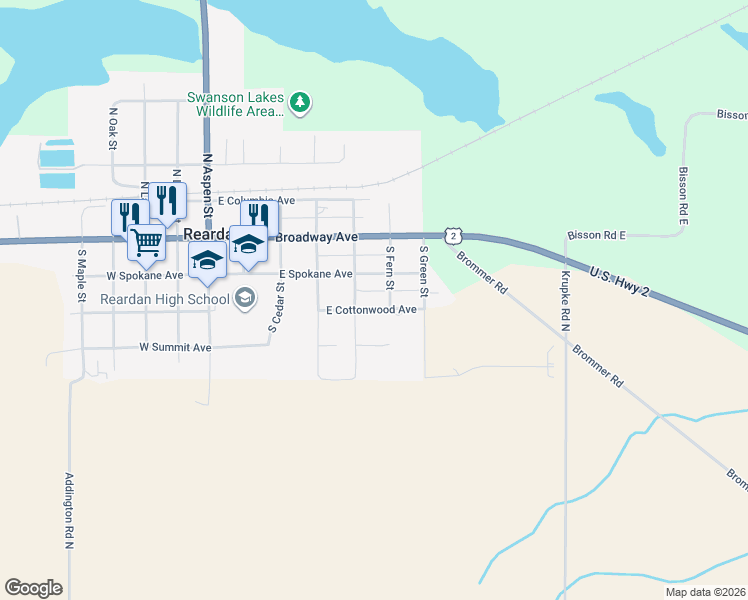 map of restaurants, bars, coffee shops, grocery stores, and more near 505 East Cottonwood Avenue in Reardan