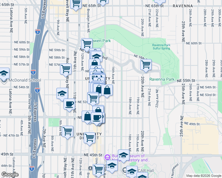 map of restaurants, bars, coffee shops, grocery stores, and more near 5243 16th Avenue Northeast in Seattle