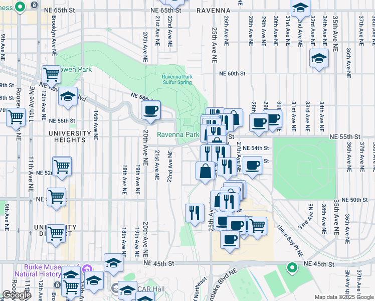 map of restaurants, bars, coffee shops, grocery stores, and more near 5325 Ravenna Place Northeast in Seattle