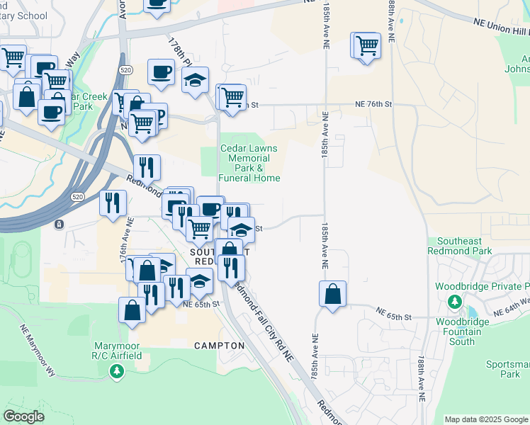 map of restaurants, bars, coffee shops, grocery stores, and more near 18133 NE 68th St in Redmond