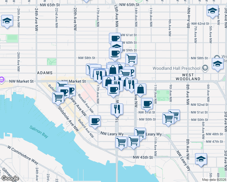 map of restaurants, bars, coffee shops, grocery stores, and more near 5298 15th Ave NW in Seattle
