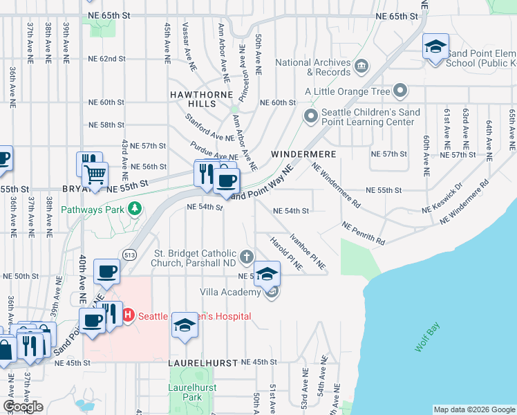 map of restaurants, bars, coffee shops, grocery stores, and more near 5409 Ivanhoe Place Northeast in Seattle