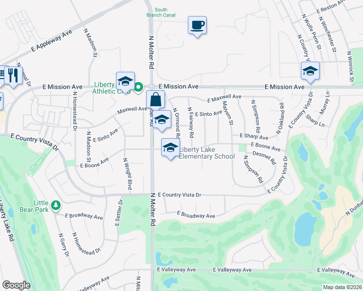 map of restaurants, bars, coffee shops, grocery stores, and more near 1216 North Ormond Road in Liberty Lake