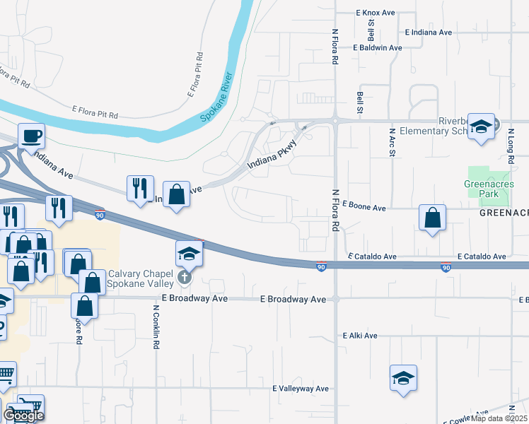 map of restaurants, bars, coffee shops, grocery stores, and more near 16609 East Desmet Court in Spokane Valley