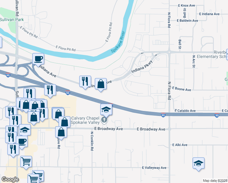 map of restaurants, bars, coffee shops, grocery stores, and more near 16424 East Indiana Avenue in Spokane Valley