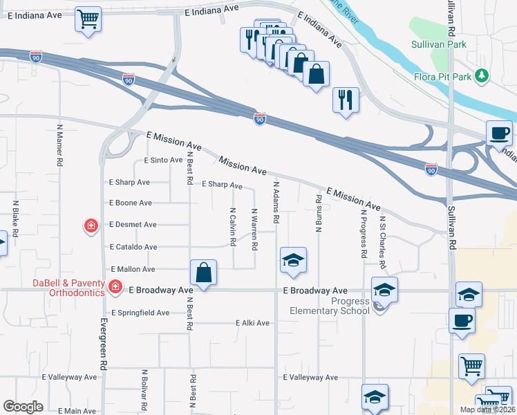 map of restaurants, bars, coffee shops, grocery stores, and more near 1218 North Warren Road in Spokane Valley
