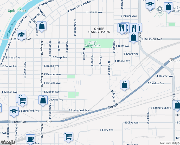 map of restaurants, bars, coffee shops, grocery stores, and more near 2604 East Boone Avenue in Spokane