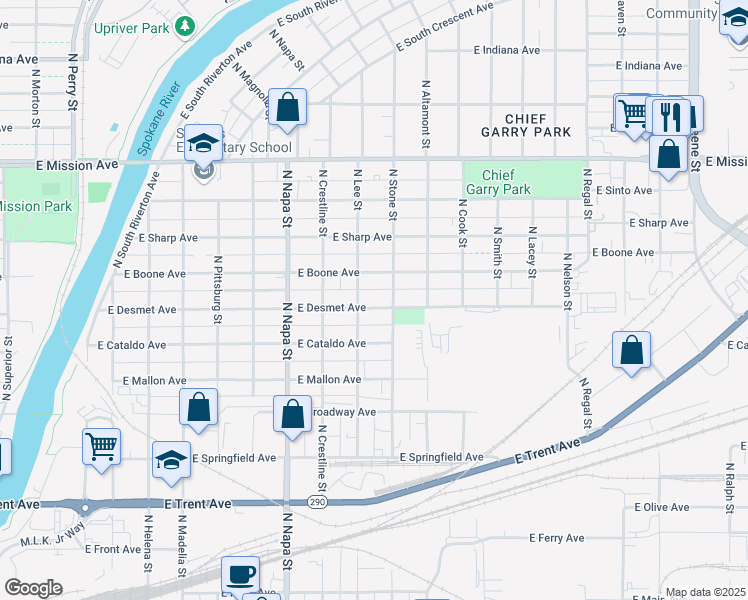 map of restaurants, bars, coffee shops, grocery stores, and more near 2200 East Boone Avenue in Spokane