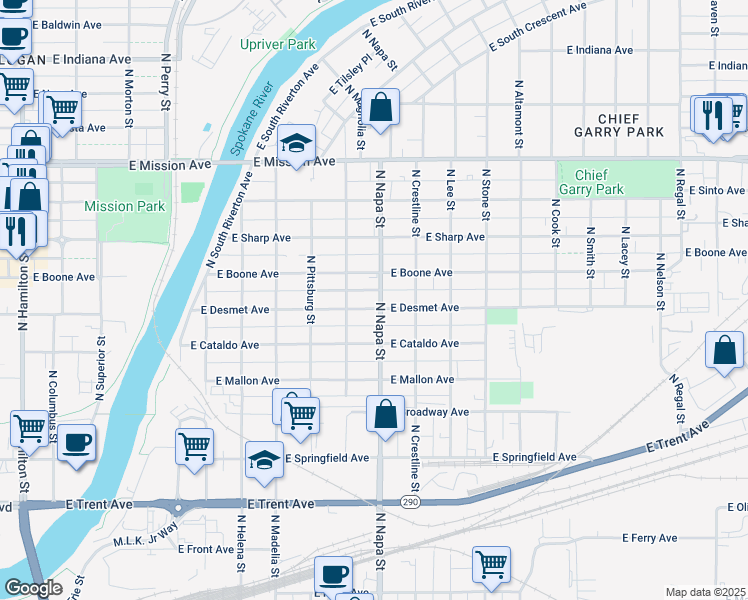 map of restaurants, bars, coffee shops, grocery stores, and more near 2002 East Boone Avenue in Spokane