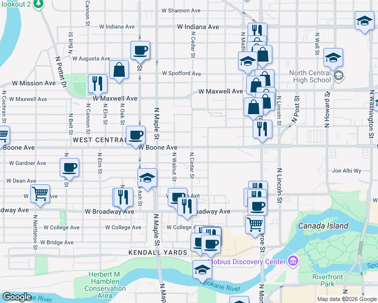 map of restaurants, bars, coffee shops, grocery stores, and more near 1404 West Boone Avenue in Spokane
