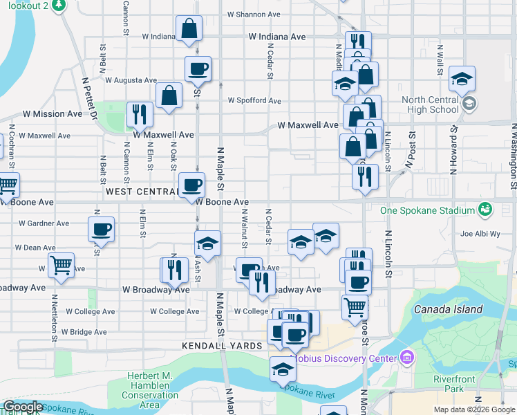 map of restaurants, bars, coffee shops, grocery stores, and more near 1404 West Boone Avenue in Spokane