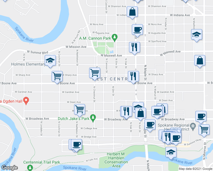 map of restaurants, bars, coffee shops, grocery stores, and more near in Spokane