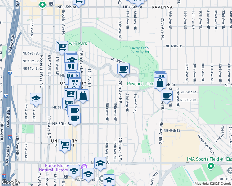 map of restaurants, bars, coffee shops, grocery stores, and more near 5268 19th Avenue Northeast in Seattle